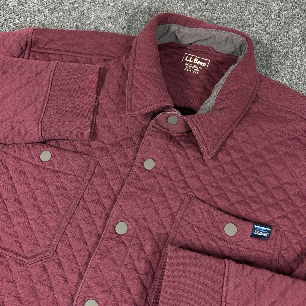 LL Bean Mens XL Traditional Fit Quilted Sweatshirt Snap Overshirt Shacket Maroon
